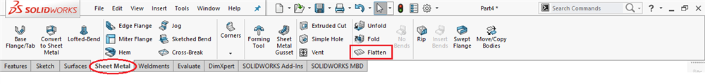 موقعیت مکانی ابزار Flatten در افزونه ی Sheet Metal نرم افزار سالیدورکس